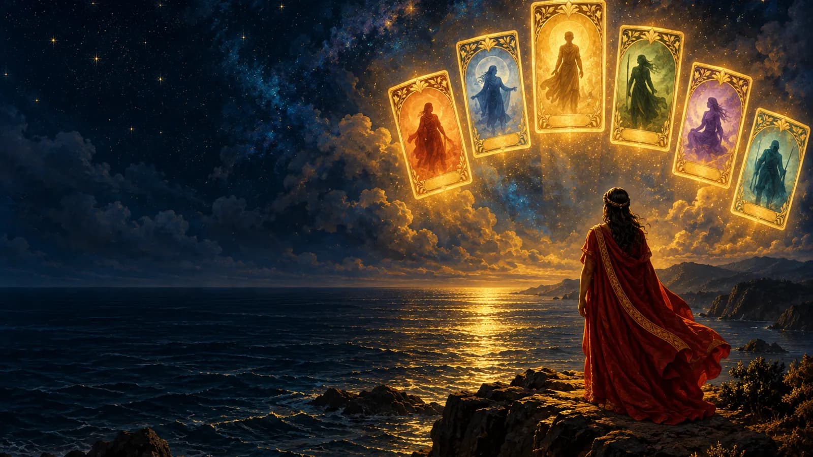 A luminous mythic landscape beneath a night sky